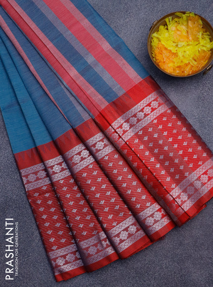 Semi mangalgiri silk saree peacock blue and maroon with plain body and temple design long silver zari woven border