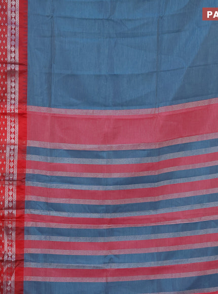 Semi mangalgiri silk saree peacock blue and maroon with plain body and temple design long silver zari woven border