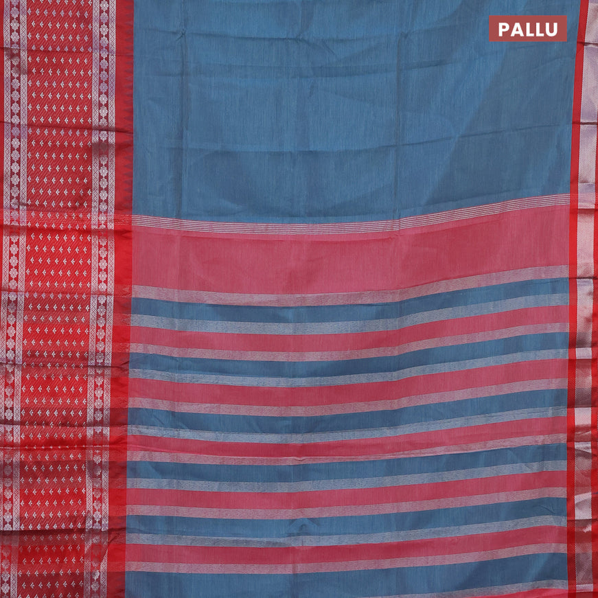 Semi mangalgiri silk saree peacock blue and maroon with plain body and temple design long silver zari woven border