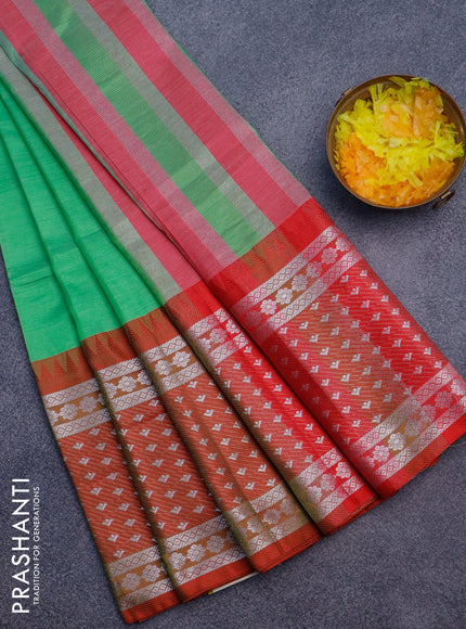 Semi mangalgiri silk saree green and dark pink with plain body and long temple design silver zari woven border