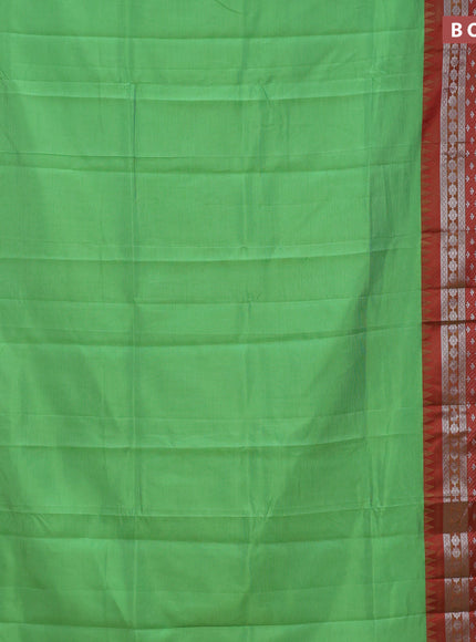 Semi mangalgiri silk saree green and dark pink with plain body and long temple design silver zari woven border