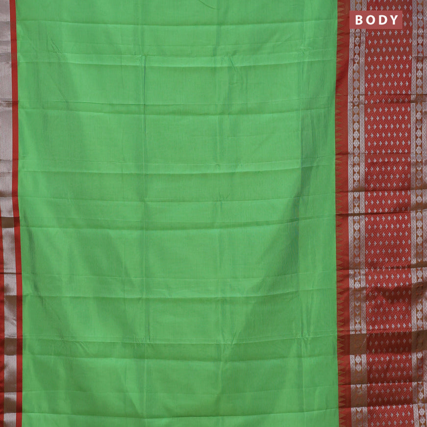 Semi mangalgiri silk saree green and dark pink with plain body and long temple design silver zari woven border