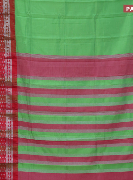 Semi mangalgiri silk saree green and dark pink with plain body and long temple design silver zari woven border