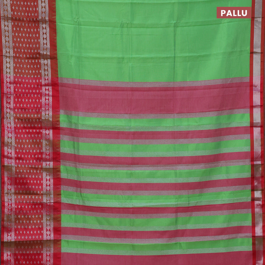 Semi mangalgiri silk saree green and dark pink with plain body and long temple design silver zari woven border