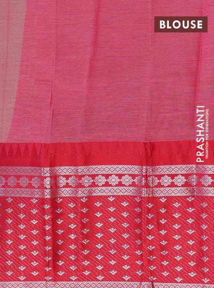 Semi mangalgiri silk saree green and dark pink with plain body and long temple design silver zari woven border