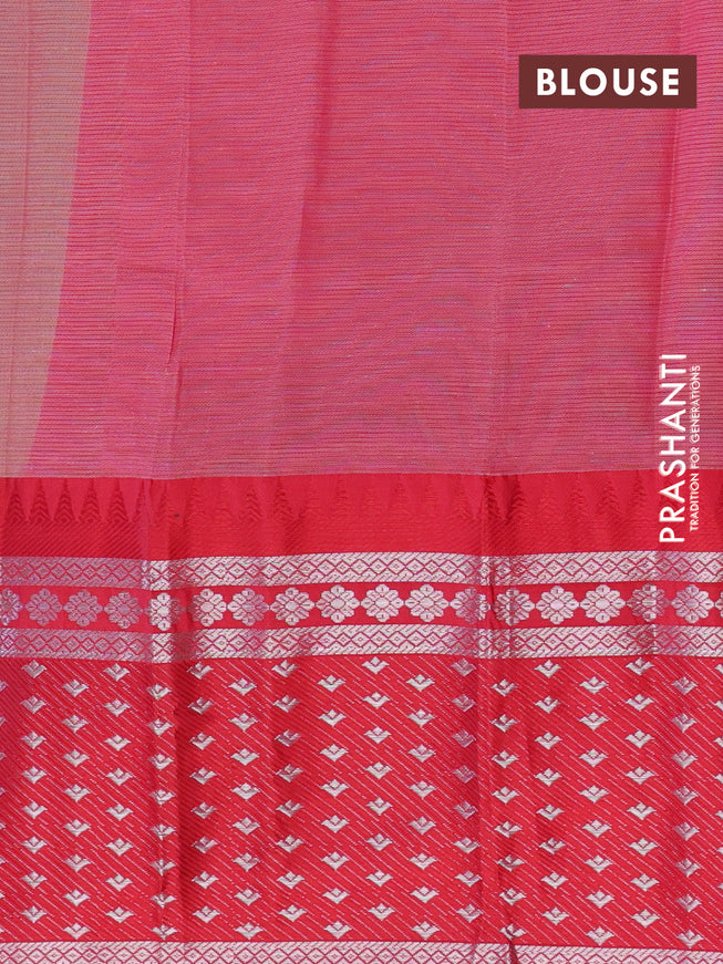 Semi mangalgiri silk saree green and dark pink with plain body and long temple design silver zari woven border