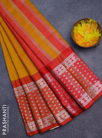 Semi mangalgiri silk saree dark mustard and dual shade of pink with plain body and long temple design silver zari woven border