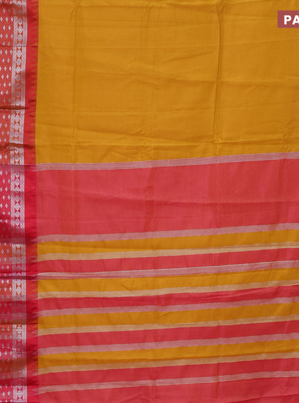 Semi mangalgiri silk saree dark mustard and dual shade of pink with plain body and long temple design silver zari woven border