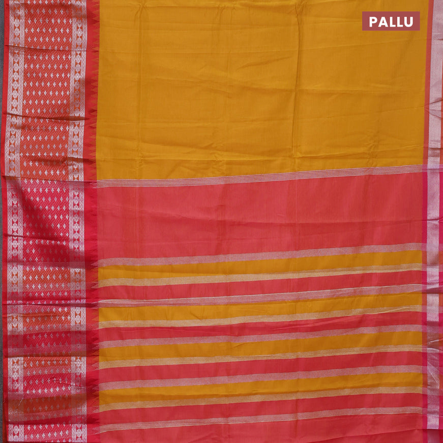 Semi mangalgiri silk saree dark mustard and dual shade of pink with plain body and long temple design silver zari woven border