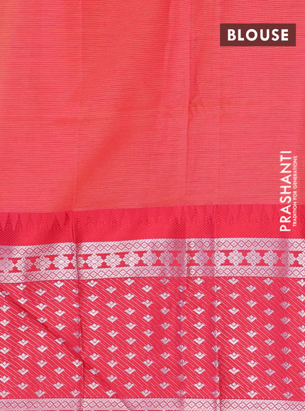 Semi mangalgiri silk saree dark mustard and dual shade of pink with plain body and long temple design silver zari woven border