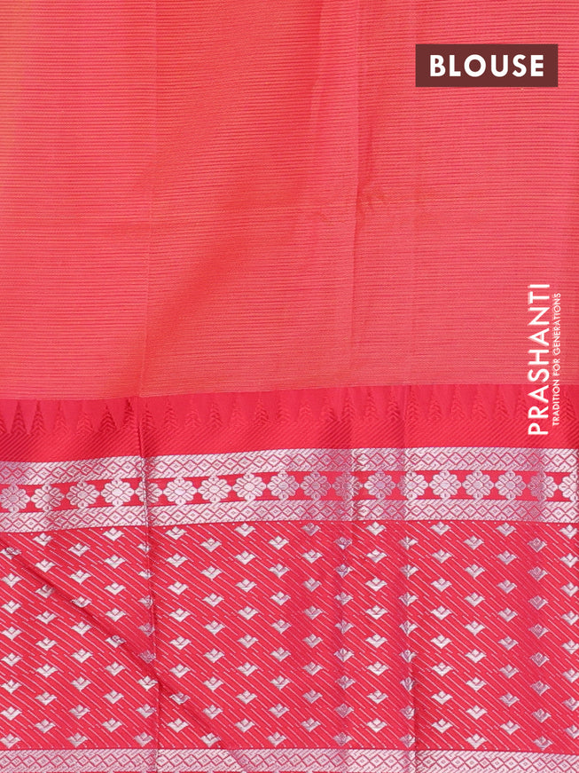 Semi mangalgiri silk saree dark mustard and dual shade of pink with plain body and long temple design silver zari woven border