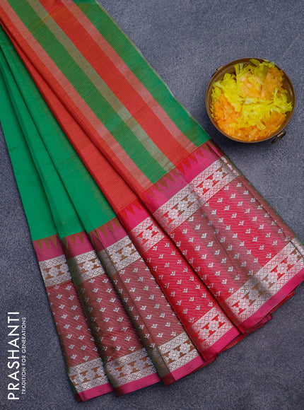 Semi mangalgiri silk saree green and pink with plain body and long temple design silver zari woven border