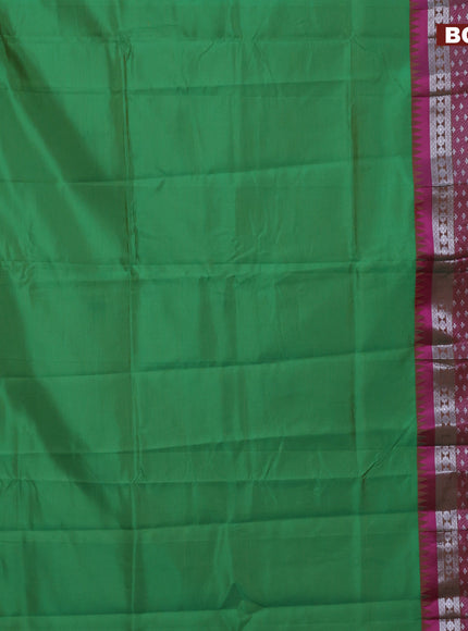 Semi mangalgiri silk saree green and pink with plain body and long temple design silver zari woven border