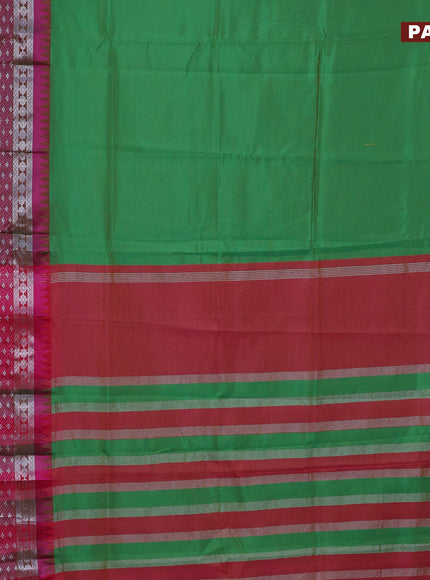 Semi mangalgiri silk saree green and pink with plain body and long temple design silver zari woven border