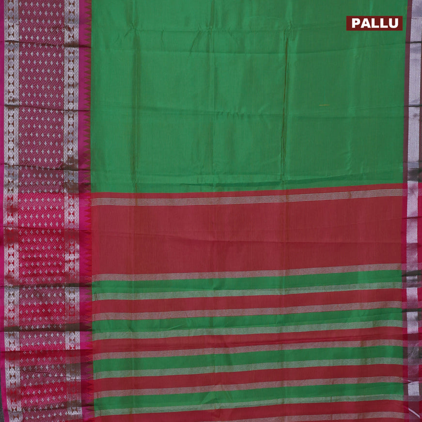 Semi mangalgiri silk saree green and pink with plain body and long temple design silver zari woven border