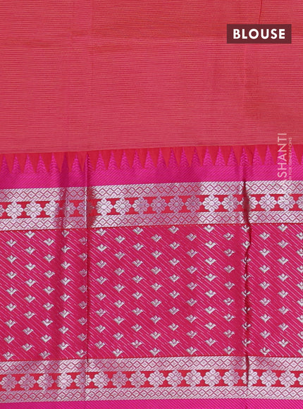 Semi mangalgiri silk saree green and pink with plain body and long temple design silver zari woven border