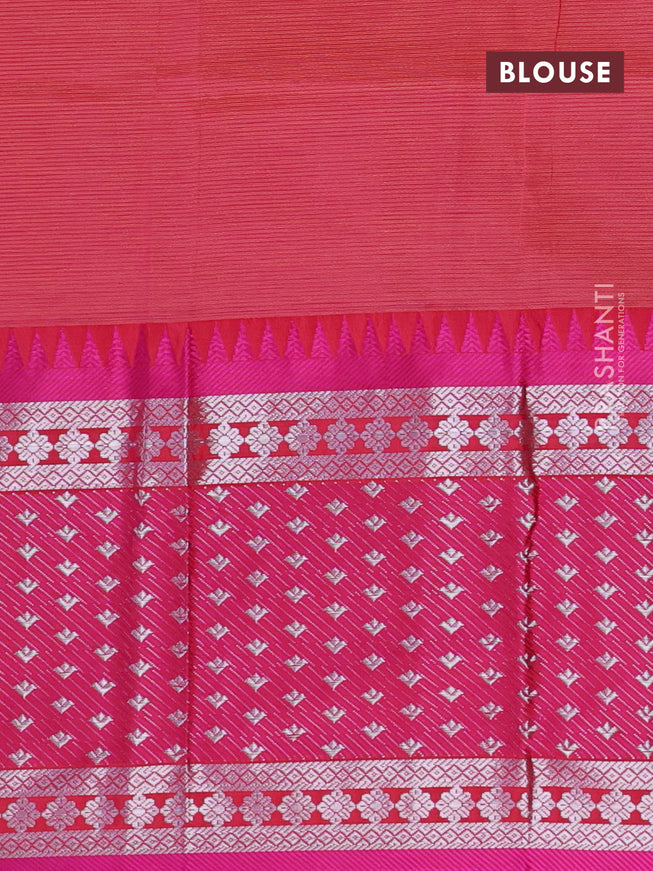 Semi mangalgiri silk saree green and pink with plain body and long temple design silver zari woven border