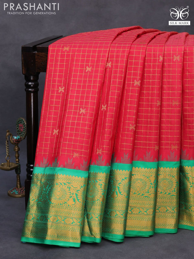 Pure gadwal silk saree red and light green with allover zari checked pattern and temple design zari woven border