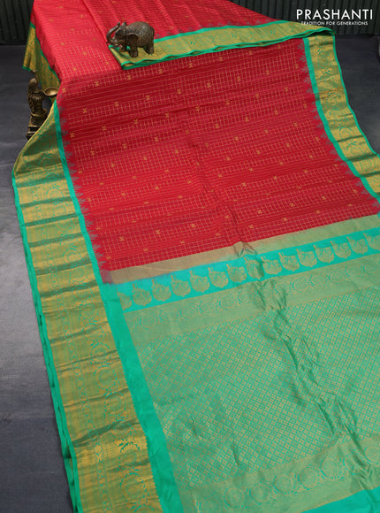 Pure gadwal silk saree red and light green with allover zari checked pattern and temple design zari woven border