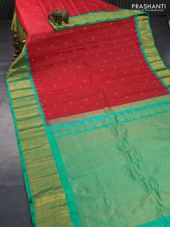 Pure gadwal silk saree red and light green with allover zari checked pattern and temple design zari woven border