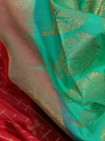 Pure gadwal silk saree red and light green with allover zari checked pattern and temple design zari woven border