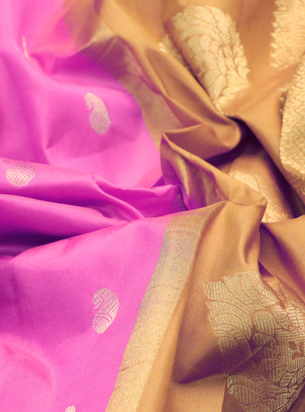 Pure gadwal silk saree light pink and mustard yellow with zari woven buttas and temple design zari woven border