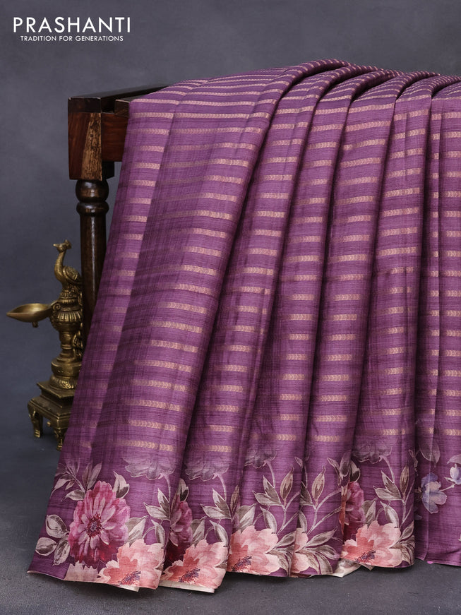 Semi tussar saree deep purple with allover zari weaves and floral printed border