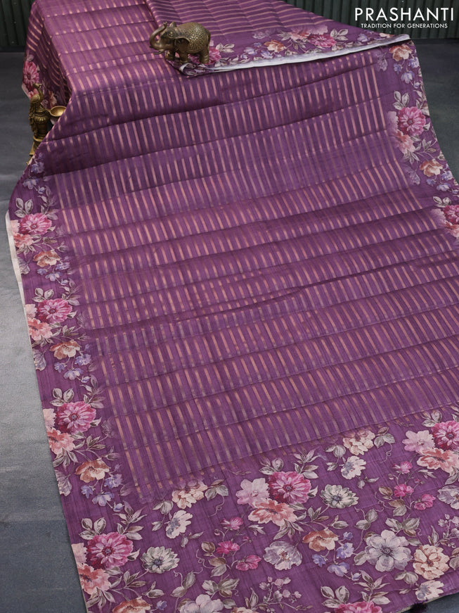 Semi tussar saree deep purple with allover zari weaves and floral printed border