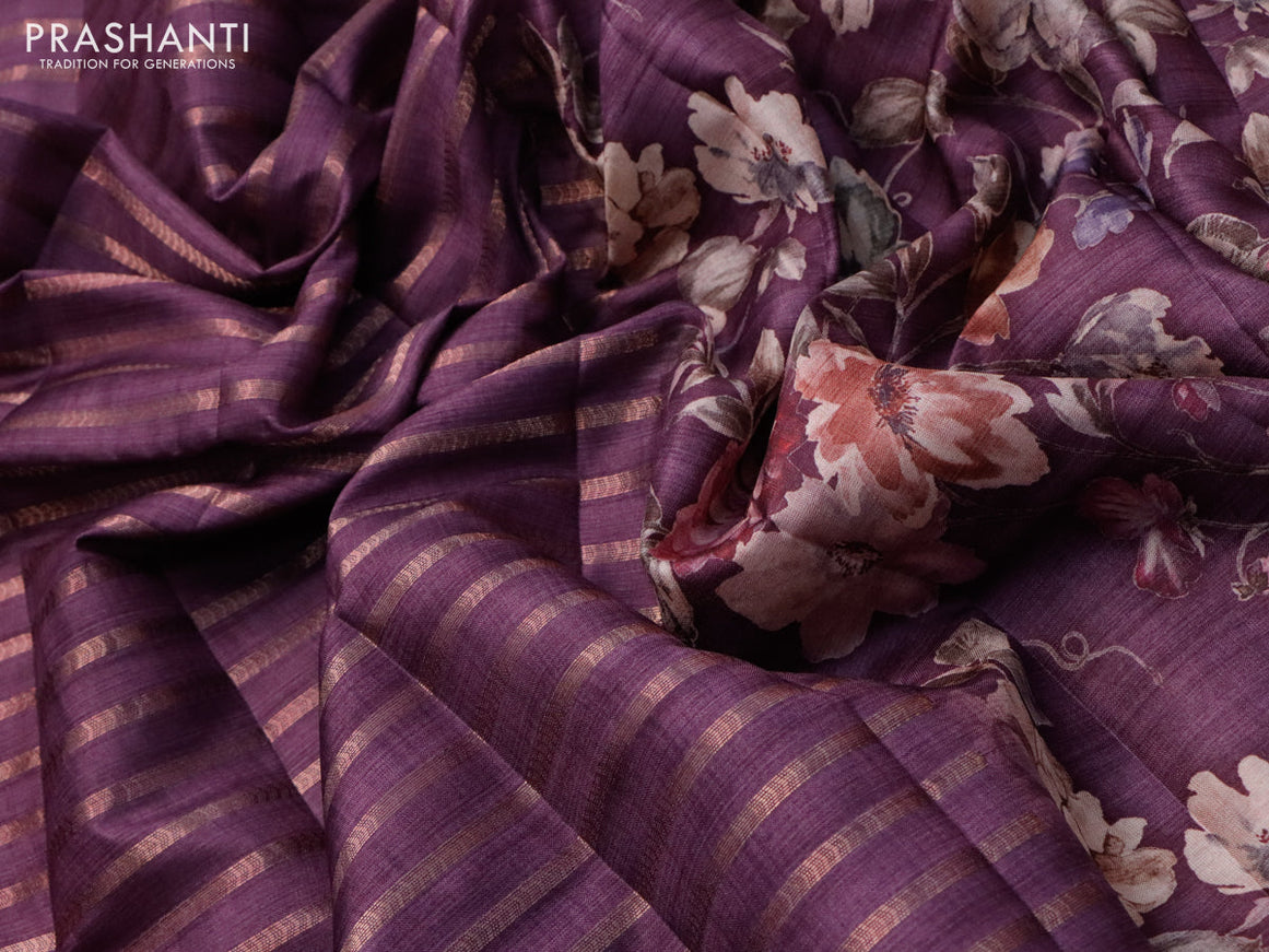 Semi tussar saree deep purple with allover zari weaves and floral printed border