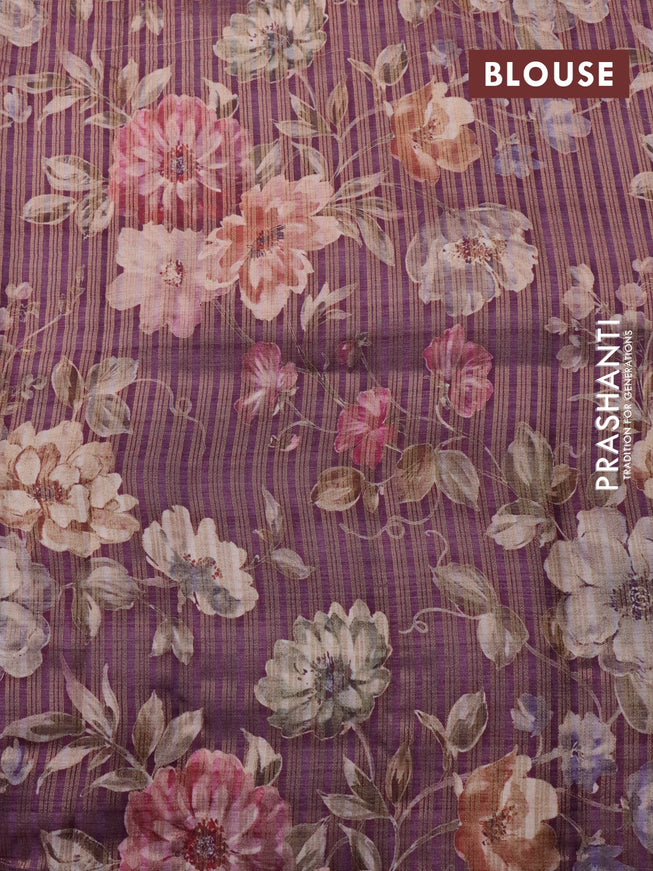 Semi tussar saree deep purple with allover zari weaves and floral printed border