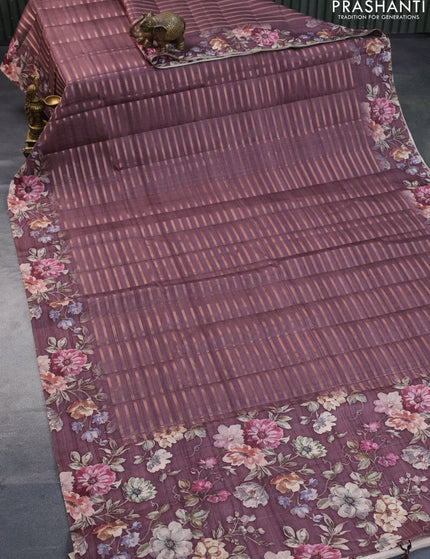 Semi tussar saree wine shade with allover zari weaves and floral printed border