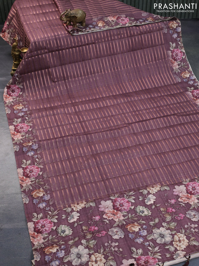 Semi tussar saree wine shade with allover zari weaves and floral printed border