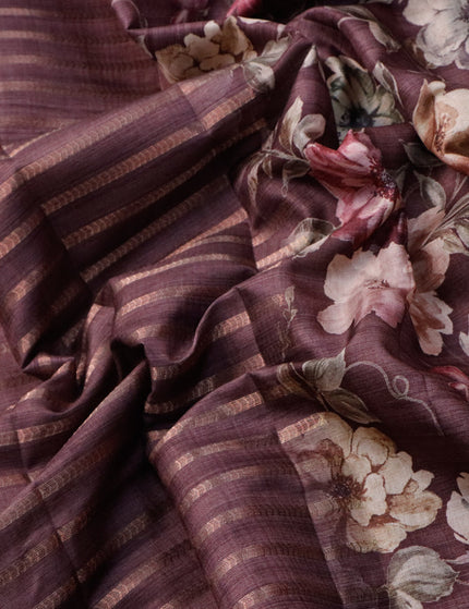 Semi tussar saree wine shade with allover zari weaves and floral printed border