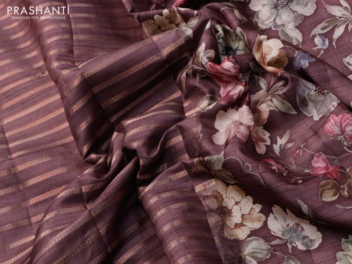 Semi tussar saree wine shade with allover zari weaves and floral printed border