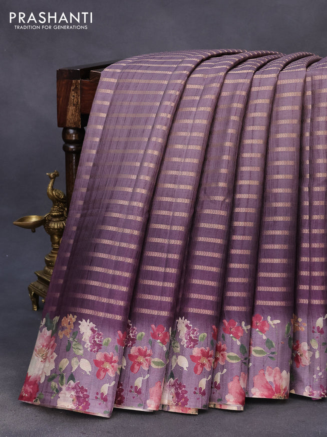 Semi tussar saree deep wine shade with allover zari weaves and floral printed border