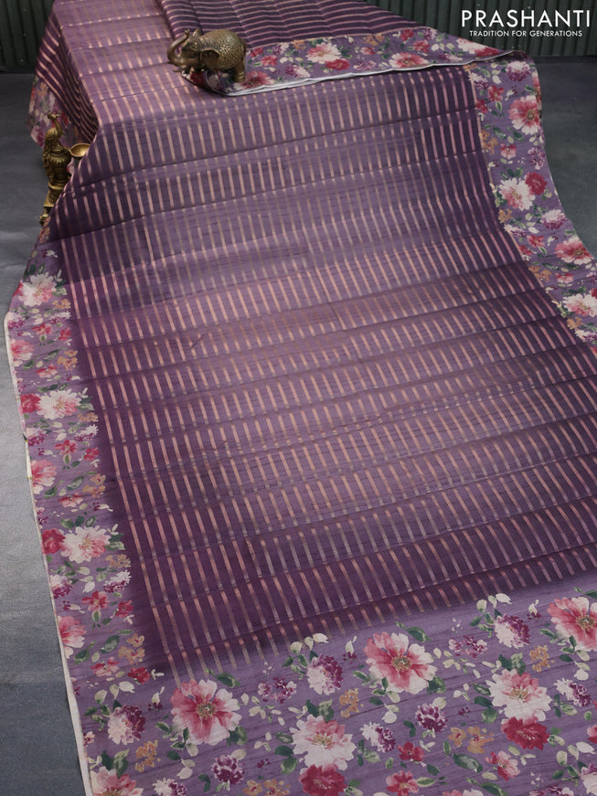 Semi tussar saree deep wine shade with allover zari weaves and floral printed border