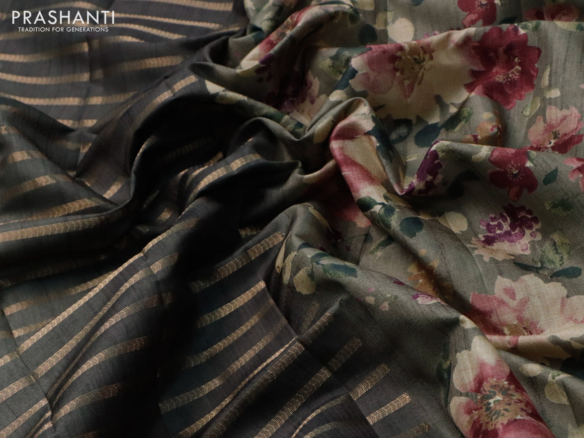 Semi tussar saree dark grey and elaichi green with allover zari weaves and floral printed border