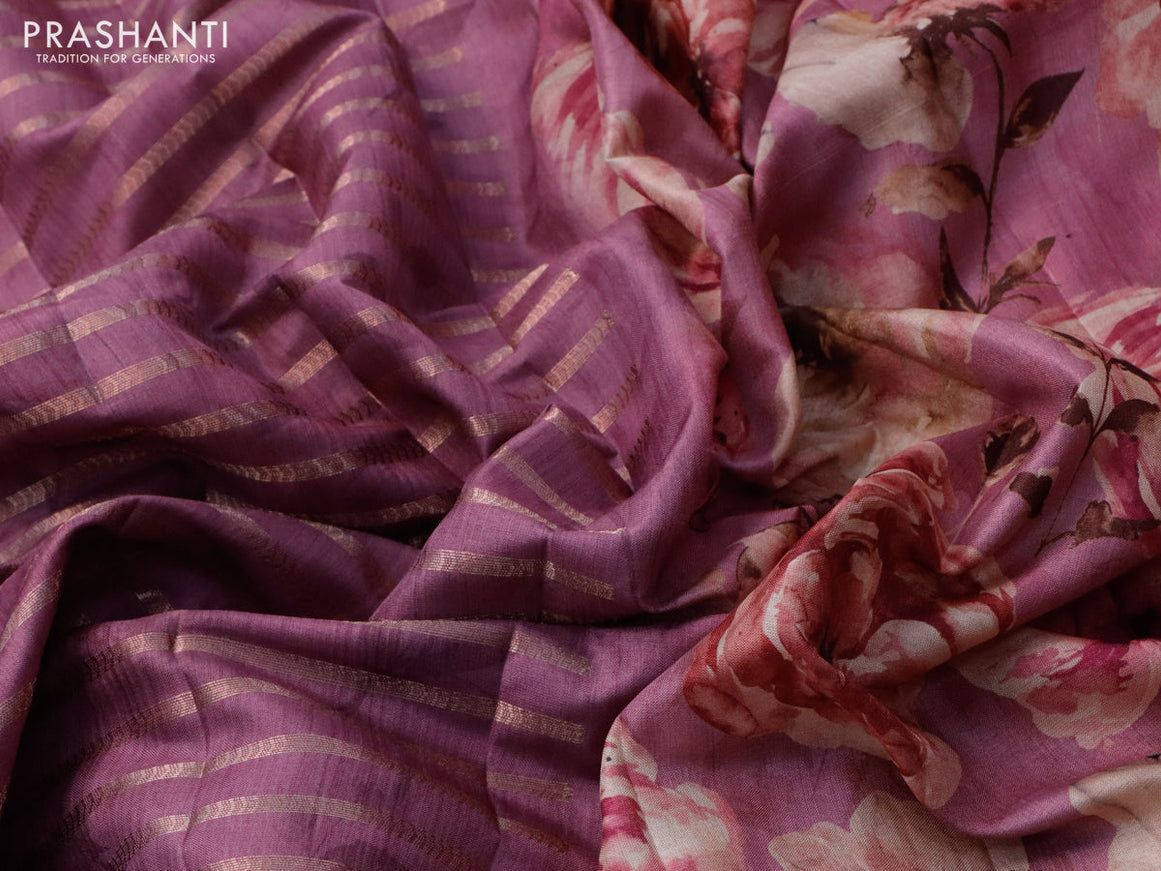 Semi tussar saree mild purple with allover zari weaves and floral printed border