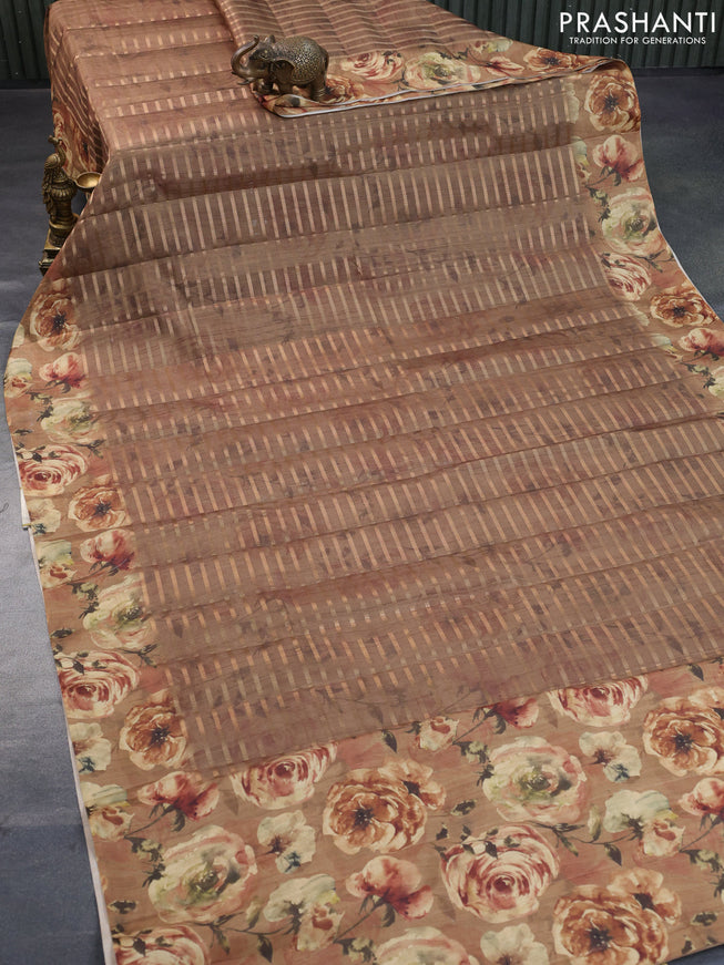 Semi tussar saree brown with allover zari weaves and floral printed border