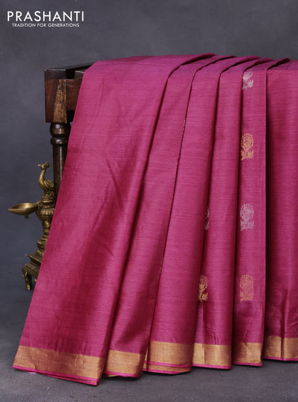 Banana silk saree dark magenta pink with silver & gold zari weaves and zari woven border