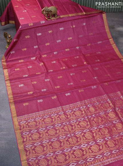 Banana silk saree dark magenta pink with silver & gold zari weaves and zari woven border