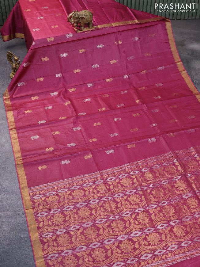 Banana silk saree dark magenta pink with silver & gold zari weaves and zari woven border