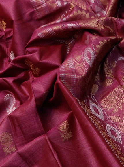 Banana silk saree dark magenta pink with silver & gold zari weaves and zari woven border