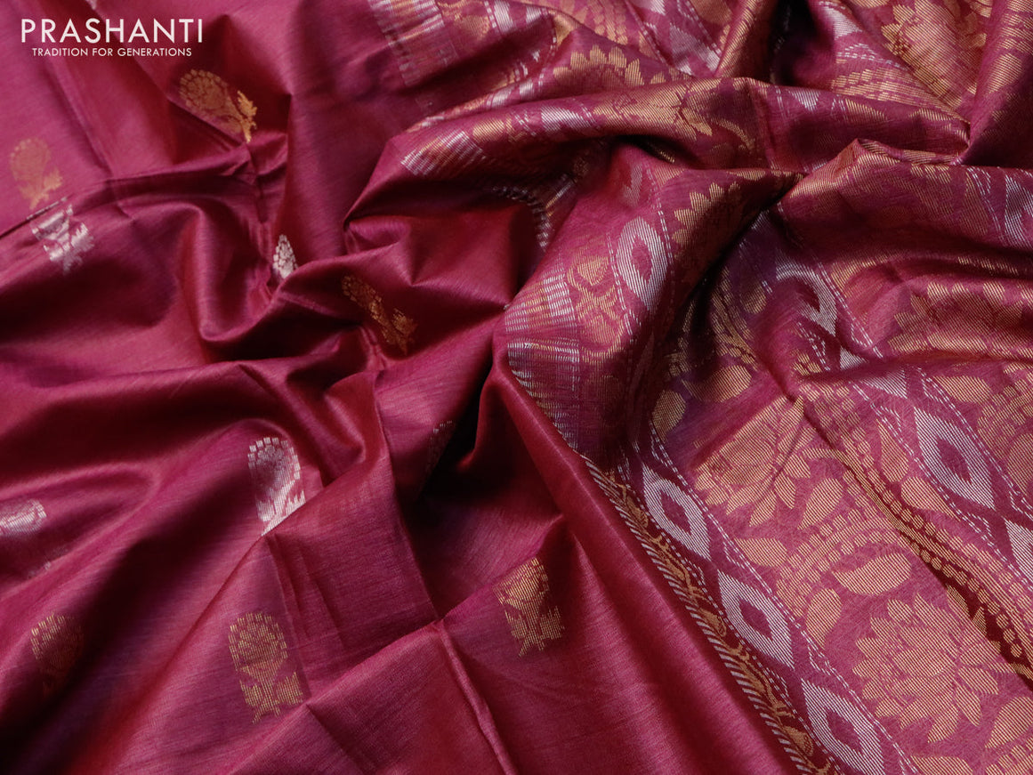 Banana silk saree dark magenta pink with silver & gold zari weaves and zari woven border