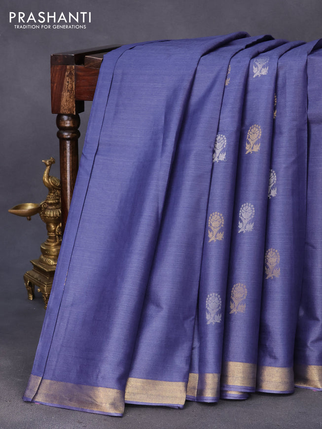 Banana silk saree blue shade with silver & gold zari weaves and zari woven border