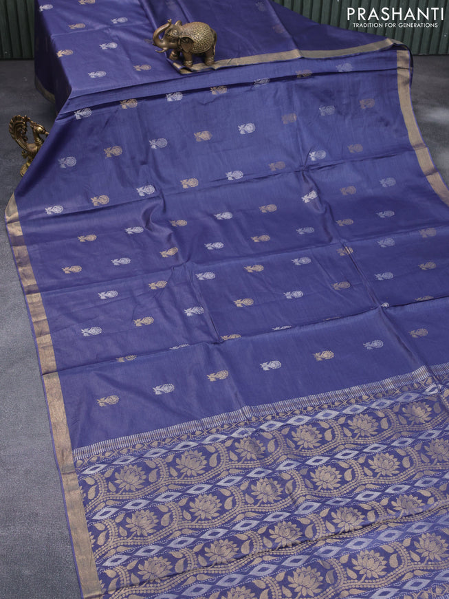 Banana silk saree blue shade with silver & gold zari weaves and zari woven border