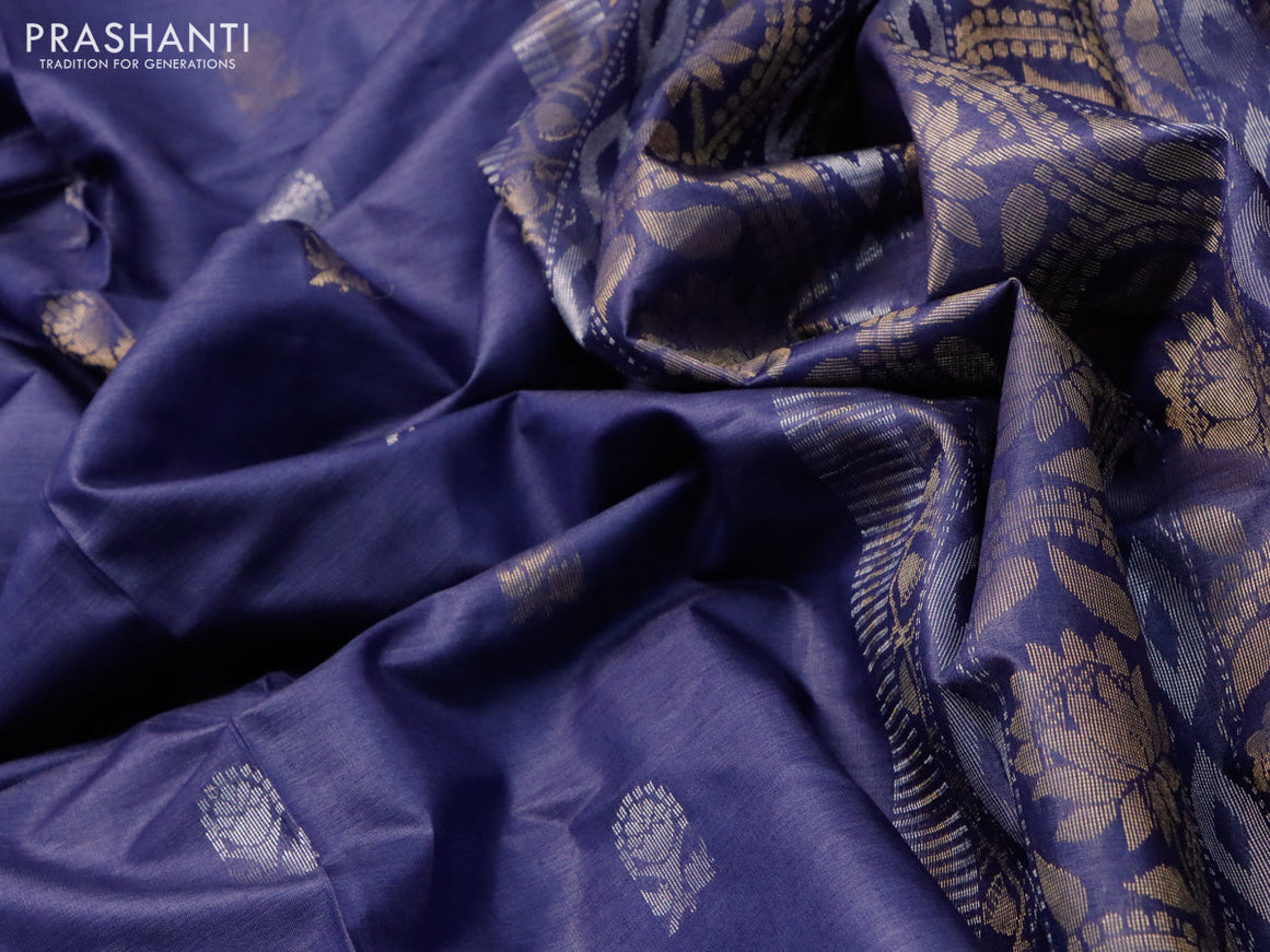 Banana silk saree blue shade with silver & gold zari weaves and zari woven border