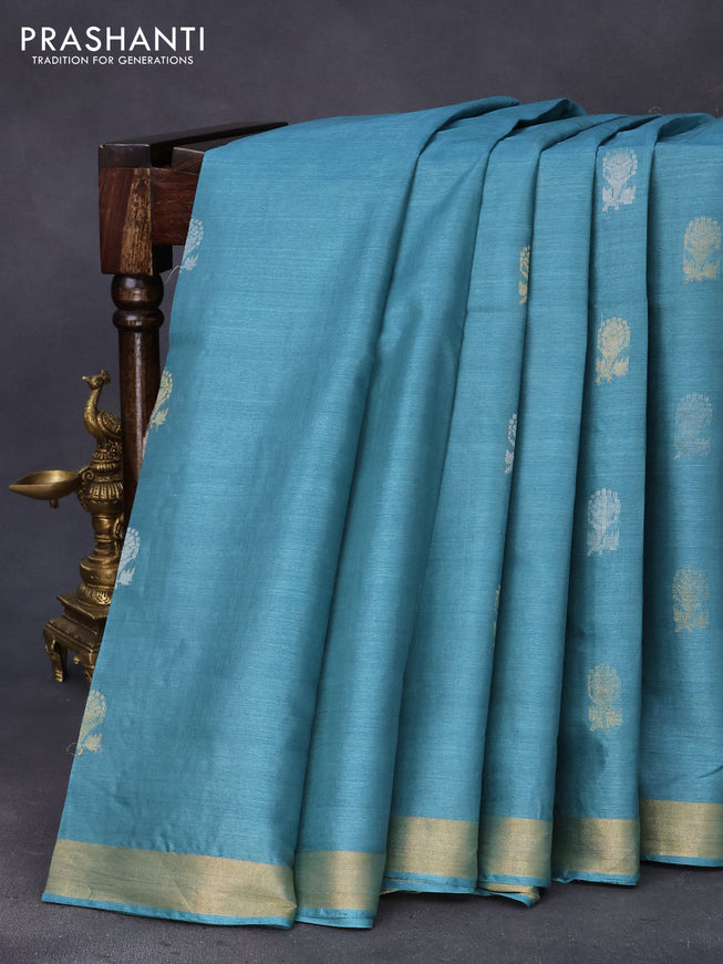 Banana silk saree teal blue with silver & gold zari weaves and zari woven border