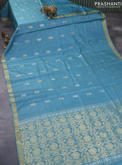 Banana silk saree teal blue with silver & gold zari weaves and zari woven border