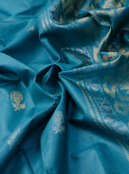 Banana silk saree teal blue with silver & gold zari weaves and zari woven border